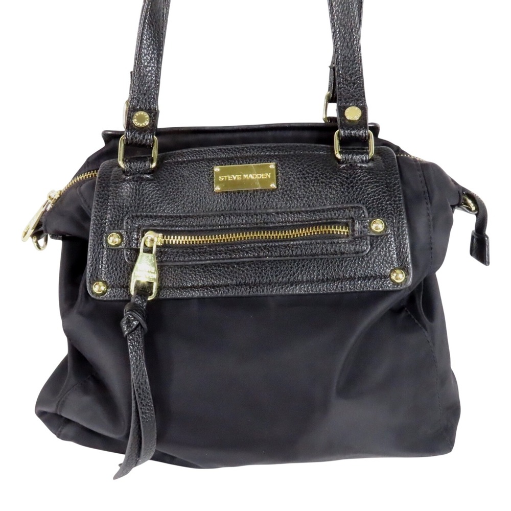 STEVE MADDEN Black Faux Leather & Nylon SATCHEL 2-Handle BAG PURSE Gold Hardware